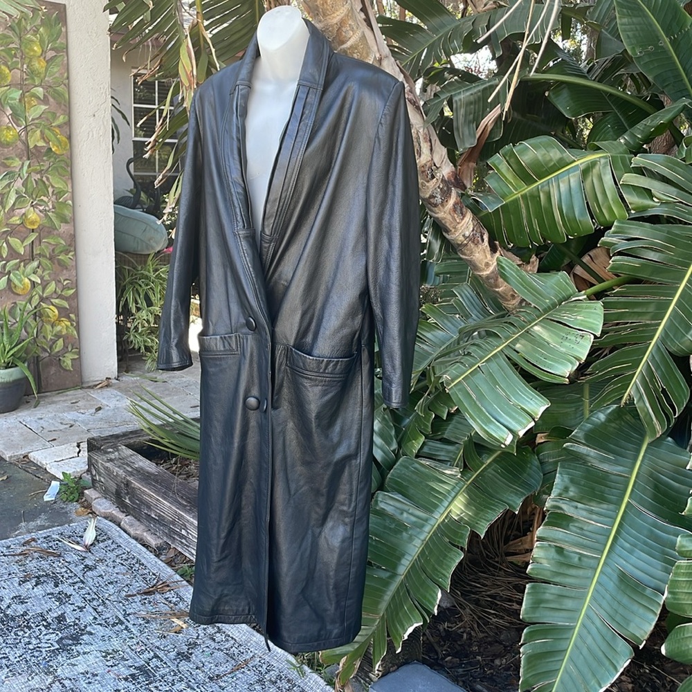 Vintage 80s leather shawl collar Women's maxi Coat